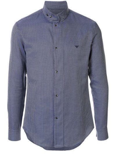 Camisas Armani Emporio Logo Embroidered Check Hombre Azules | M5PX20FW