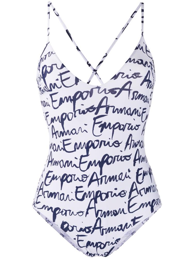 Bañadores Armani Emporio Logo Print Crisscross Back Mujer Blancas Azules | J2APOJ12